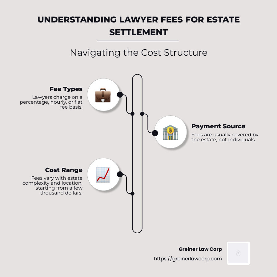 infographic detailing lawyer fees for estate settlement including types of fees, who pays, and cost range - lawyer fees for estate settlement infographic infographic-line-3-steps-neat_beige