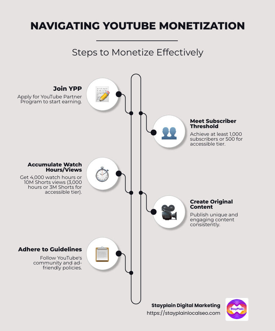 Infographic detailing YouTube Partner Program steps and benefits, including subscriber/watch time requirements, types of monetization (ads, fan funding, merchandise), and strategic tips for audience growth and content engagement - YouTube monetization eligibility criteria infographic infographic-line-5-steps-neat_beige