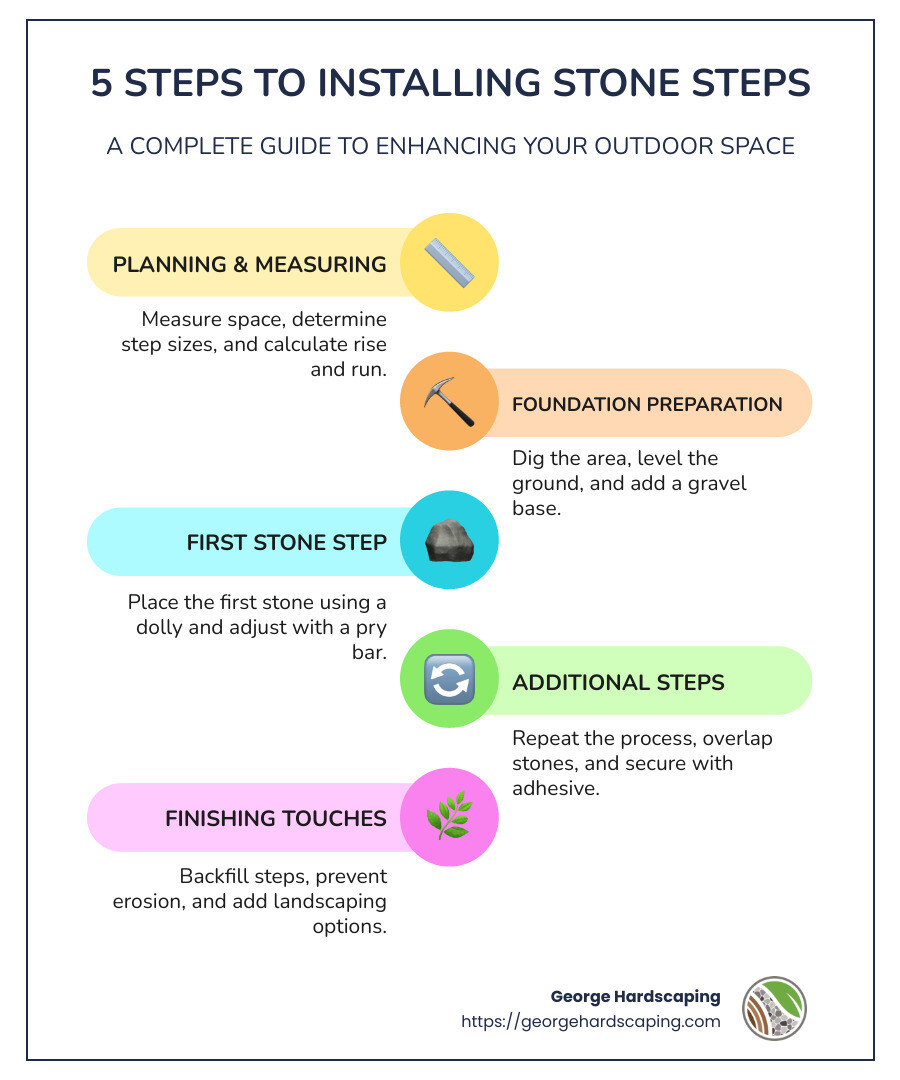 Infographic showing key benefits and steps in stone steps installation - Stone Steps Installation infographic infographic-line-5-steps-colors