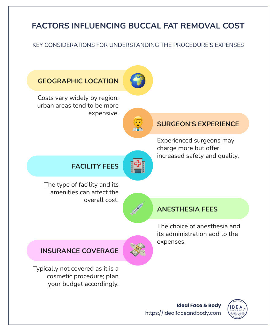 Infographic detailing buccal fat removal cost factors, such as surgeon's experience, geographic location, facility fees, and anesthesia, represented with visual icons for each factor. - buccal fat removal cost infographic infographic-line-5-steps-colors