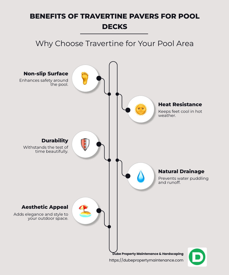 Benefits of travertine pavers for pool decks: Non-slip surface, heat resistance, durability, natural drainage. - travertine pavers pool deck infographic infographic-line-5-steps-neat_beige