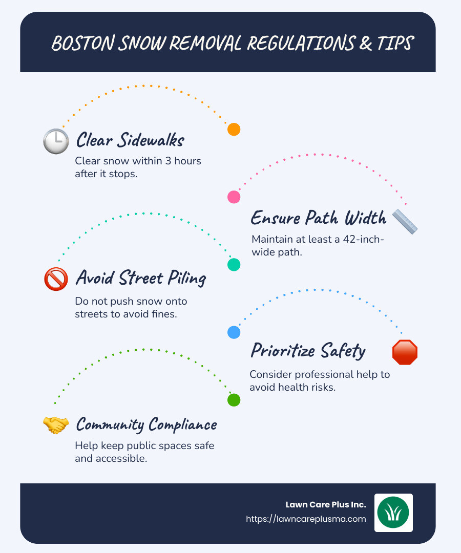 Infographic detailing Boston snow removal timelines and responsibilities, emphasizing the importance of keeping sidewalks accessible, listing fines for non-compliance, and tips for safe shoveling practices. - boston snow removal infographic infographic-line-5-steps-blues-accent_colors