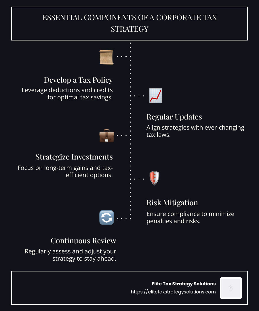 Infographic on Corporate Tax Strategy Essentials highlighting key components like tax-saving opportunities, compliance, and risk mitigation - Corporate tax strategy infographic infographic-line-5-steps-dark