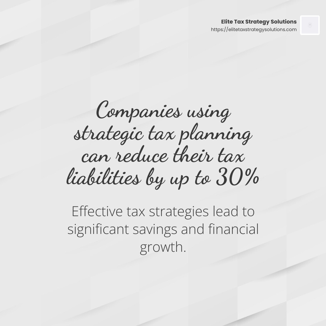 Stat: Companies using strategic tax planning can reduce their tax liabilities by up to 30% - Corporate tax strategy infographic simple-stat-light