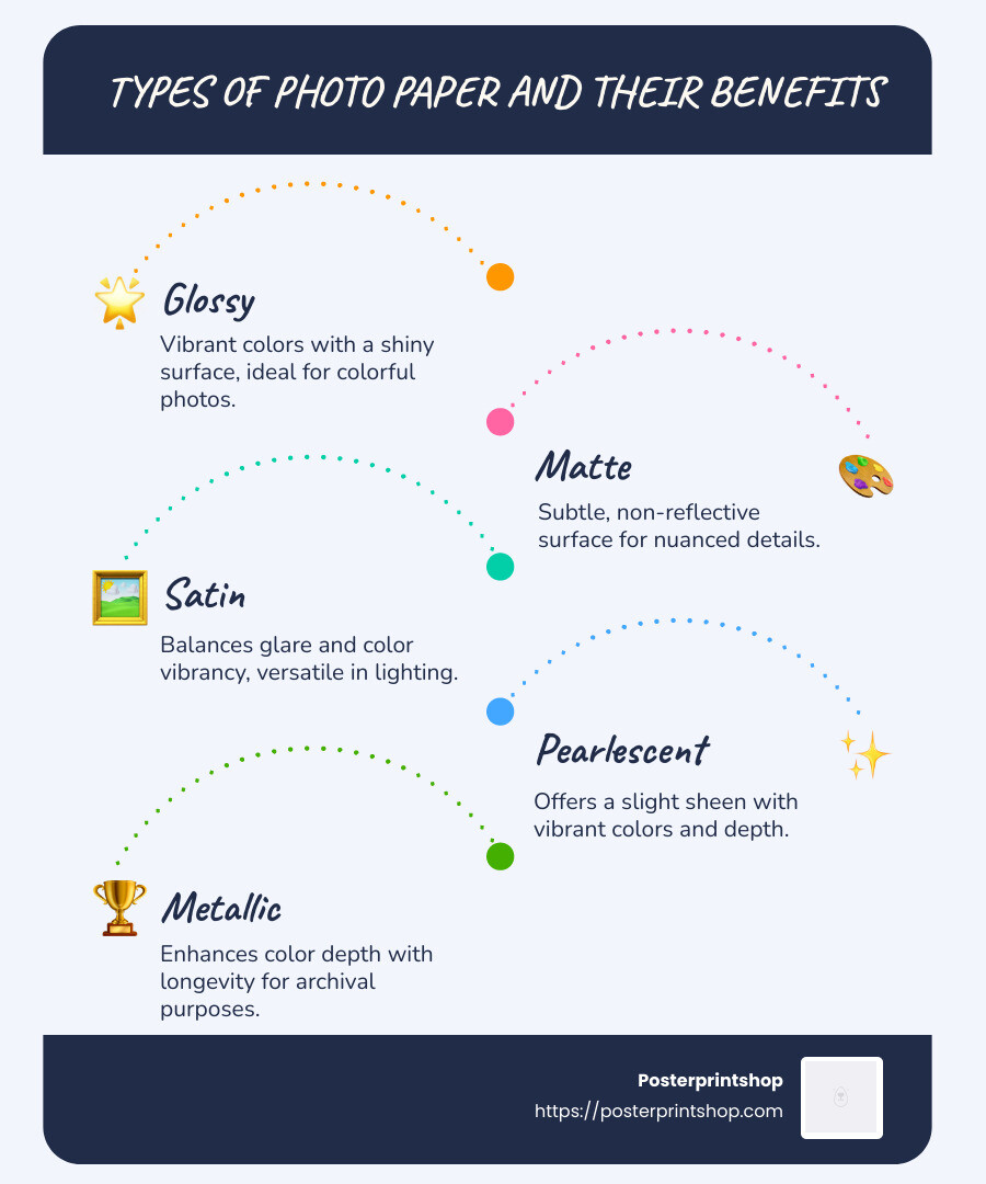 Infographic showing photo paper types, finishes, and ideal use scenarios - photo paper prints infographic infographic-line-5-steps-blues-accent_colors