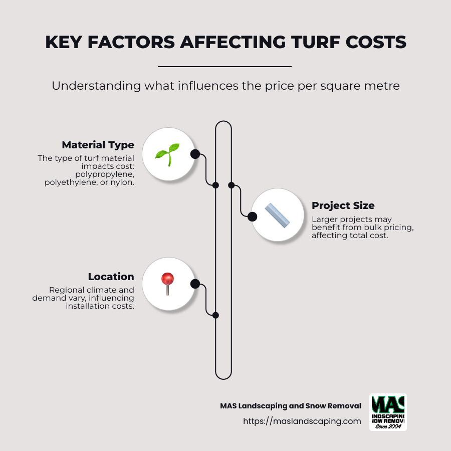 Turf Cost Factors Infographic including factors like materials types, regional variations, and installation methods - cost of turf per square metre infographic infographic-line-3-steps-neat_beige