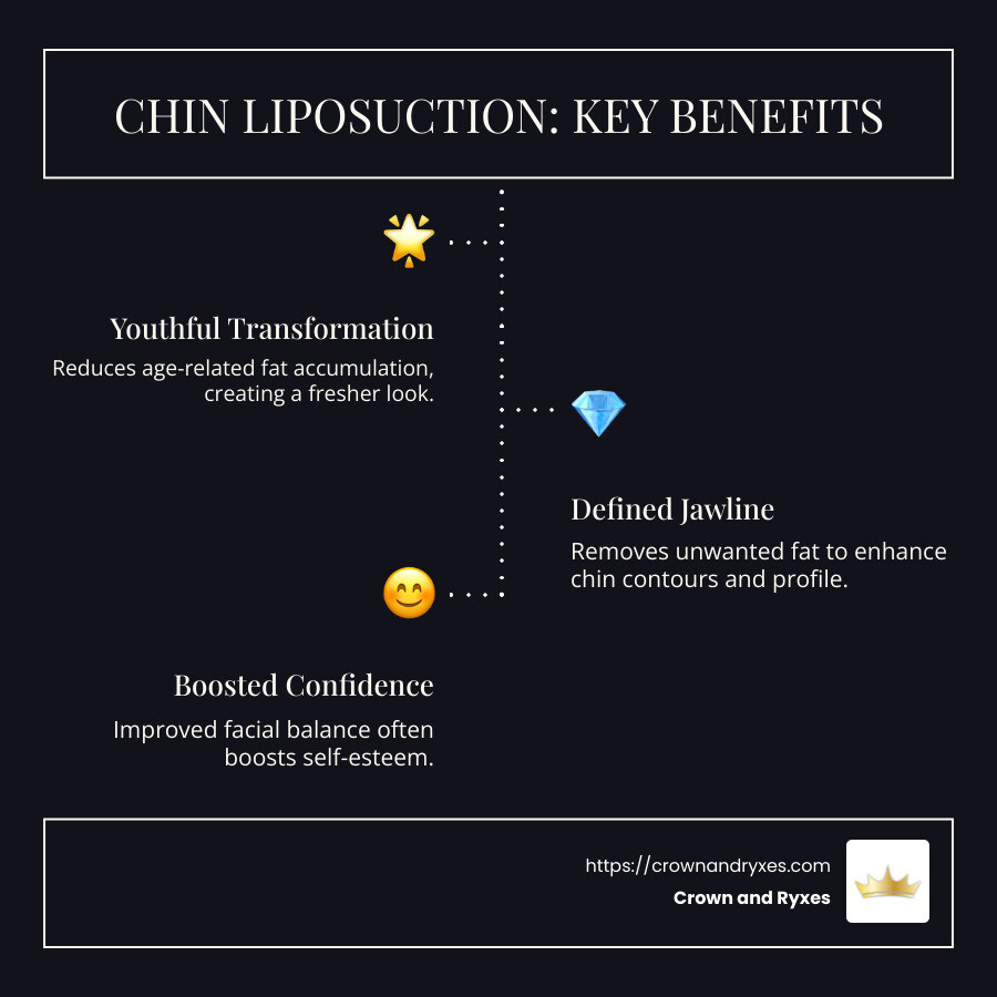 infographic showing chin liposuction benefits, including youthful appearance, defined jawline, and improved self-confidence - chin liposuction before and after infographic infographic-line-3-steps-dark