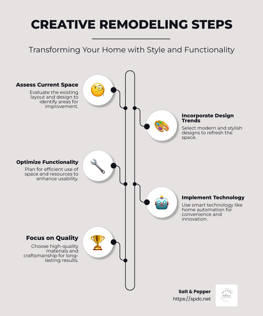 Detailed infographic showing steps for creative remodeling solutions focusing on design, functionality, and value improvement - Creative remodeling solutions infographic infographic-line-5-steps-neat_beige