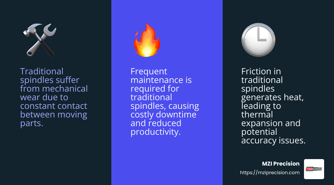 Heat generation and mechanical wear are common issues in traditional spindles, leading to frequent maintenance and downtime. - air spindle infographic 3_facts_emoji_blue Heat generation and mechanical wear are common issues in traditional spindles, leading to frequent maintenance and downtime. - air spindle infographic 3_facts_emoji_blue