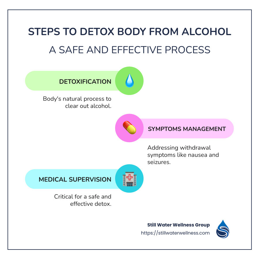 Infographic detailing the steps of alcohol detox, including detoxification, symptoms management, and medical supervision - detox body from alcohol infographic infographic-line-3-steps-colors