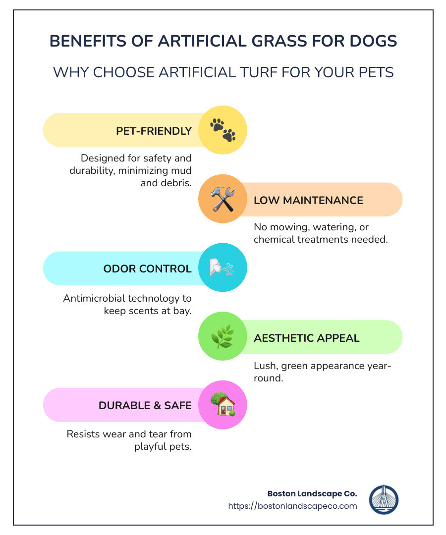 Benefits of artificial grass for dogs, including durability, easy cleaning, no mud, pet-safe materials, and built-in odor control - artificial grass for dogs infographic infographic-line-5-steps-colors