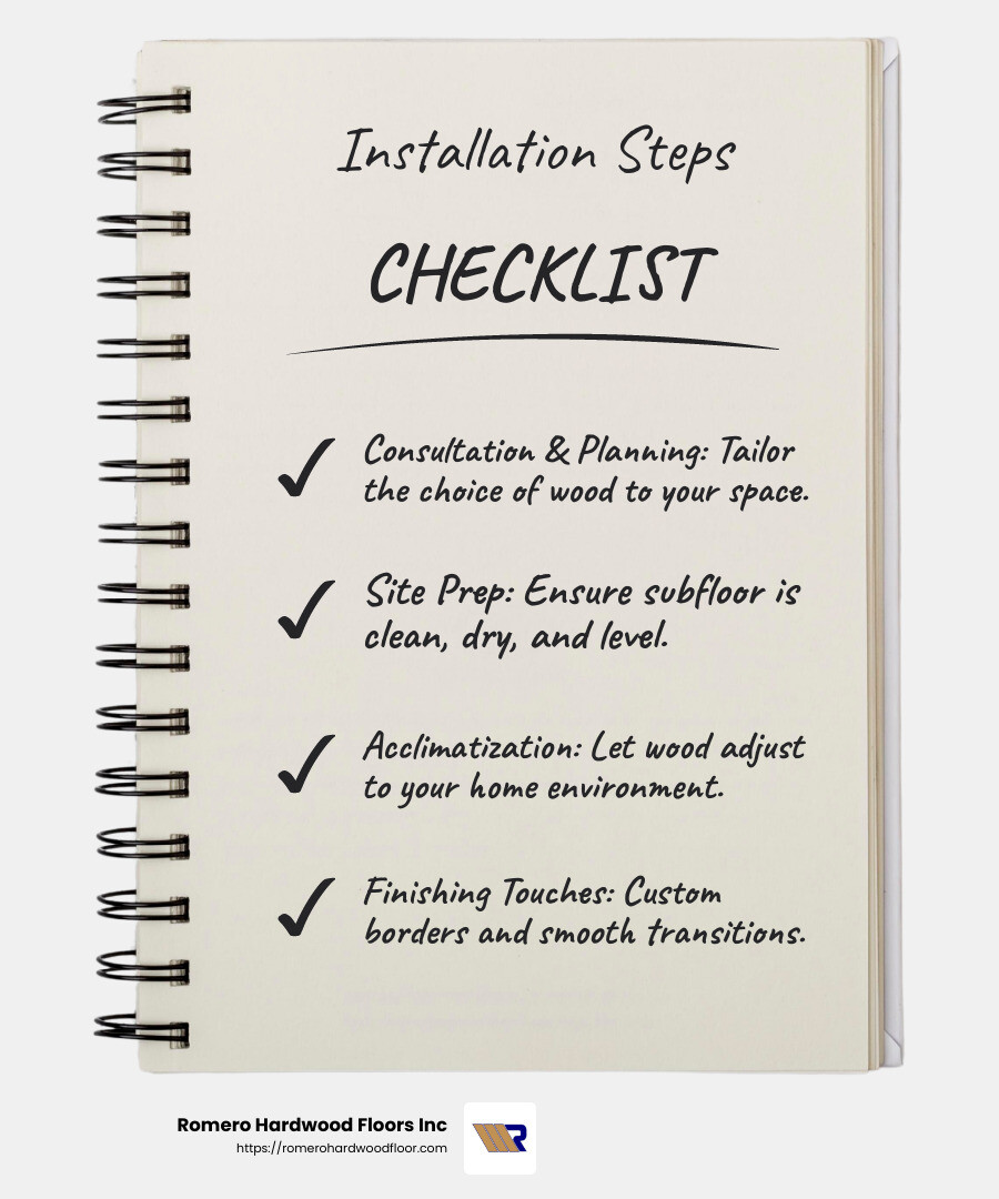 Romero Hardwood Floors Inc installation process - hardwood flooring installation beverly ma infographic checklist-notebook