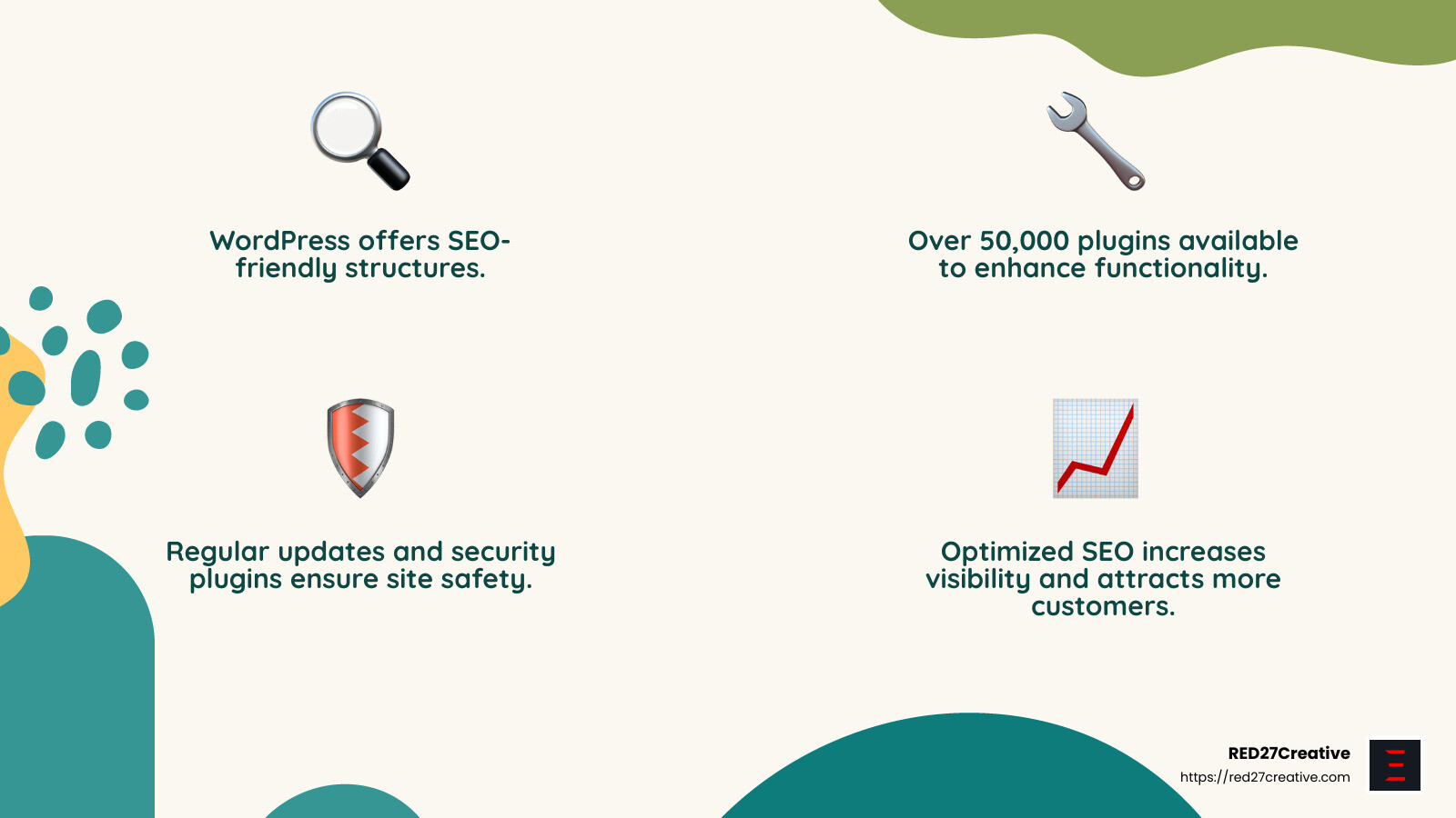 Naperville's WordPress Wonders: Design Your Dream Site • wordpress website design naperville • RED27Creative WordPress SEO Optimization Benefits - wordpress website design naperville infographic 4_facts_emoji_nature