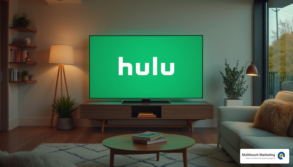 TV displaying Hulu logo in a living room setting - How to advertise on Hulu