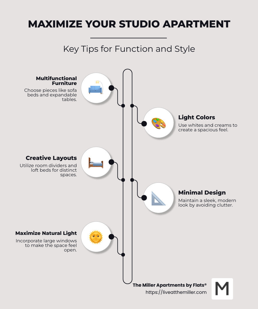 Infographic detailing tips for making the most of studio apartments, including multifunctional furniture, light color schemes, creative layouts, and minimal design - modern studio apartment ideas infographic infographic-line-5-steps-neat_beige Infographic detailing tips for making the most of studio apartments, including multifunctional furniture, light color schemes, creative layouts, and minimal design - modern studio apartment ideas infographic infographic-line-5-steps-neat_beige