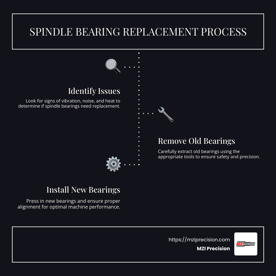 Infographic on spindle bearing replacement process with steps and tools involved - Spindle bearing replacement infographic infographic-line-3-steps-dark