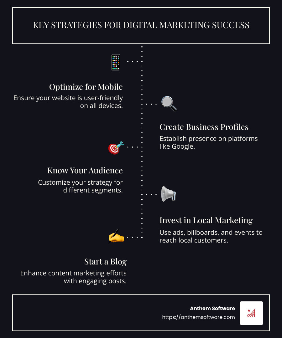 Infographic highlighting key strategies for Digital marketing for small businesses - Digital marketing for small businesses infographic infographic-line-5-steps-dark