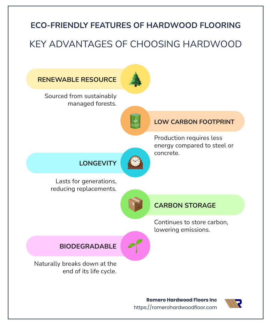 Eco-friendly features of hardwood flooring, showcasing carbon storage, biodegradability, and renewable sourcing - is hardwood flooring eco friendly infographic infographic-line-5-steps-colors