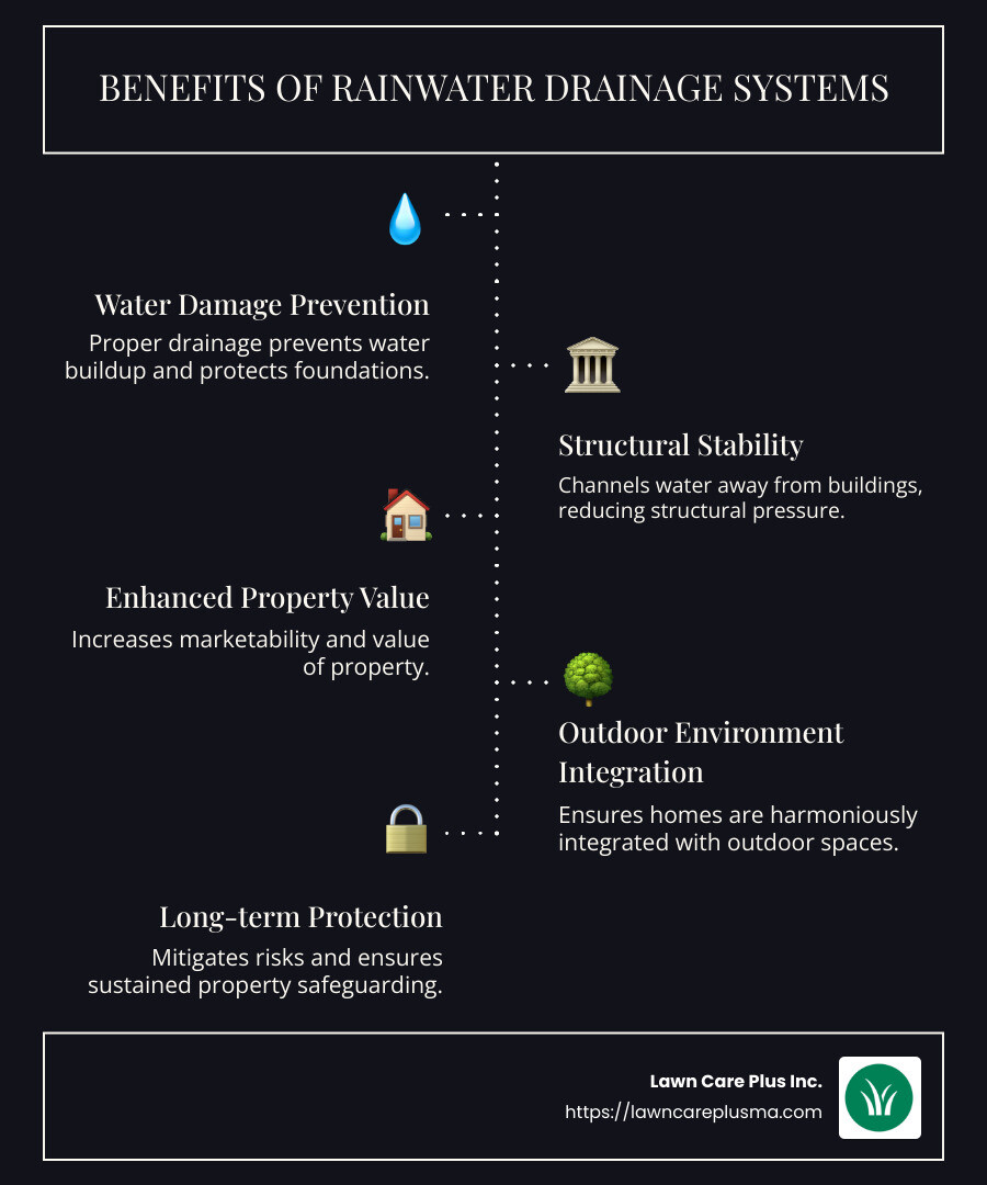 infographic on benefits of rainwater drainage systems - domestic rainwater drainage systems infographic infographic-line-5-steps-dark