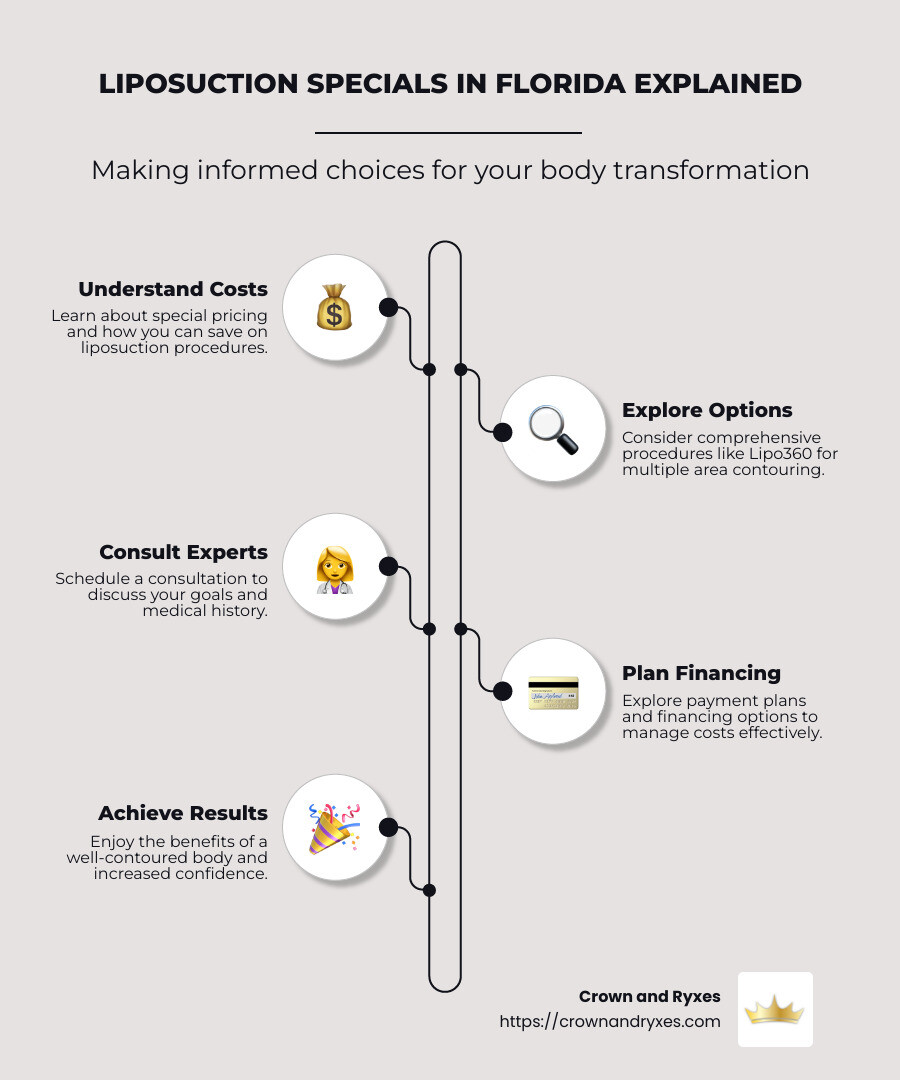 Infographic displaying special offers for liposuction in Florida, listing savings on Lipo360, average costs, before-and-after images, and a comparison of traditional liposuction and Lipo360 methods. - liposuction specials florida infographic infographic-line-5-steps-neat_beige