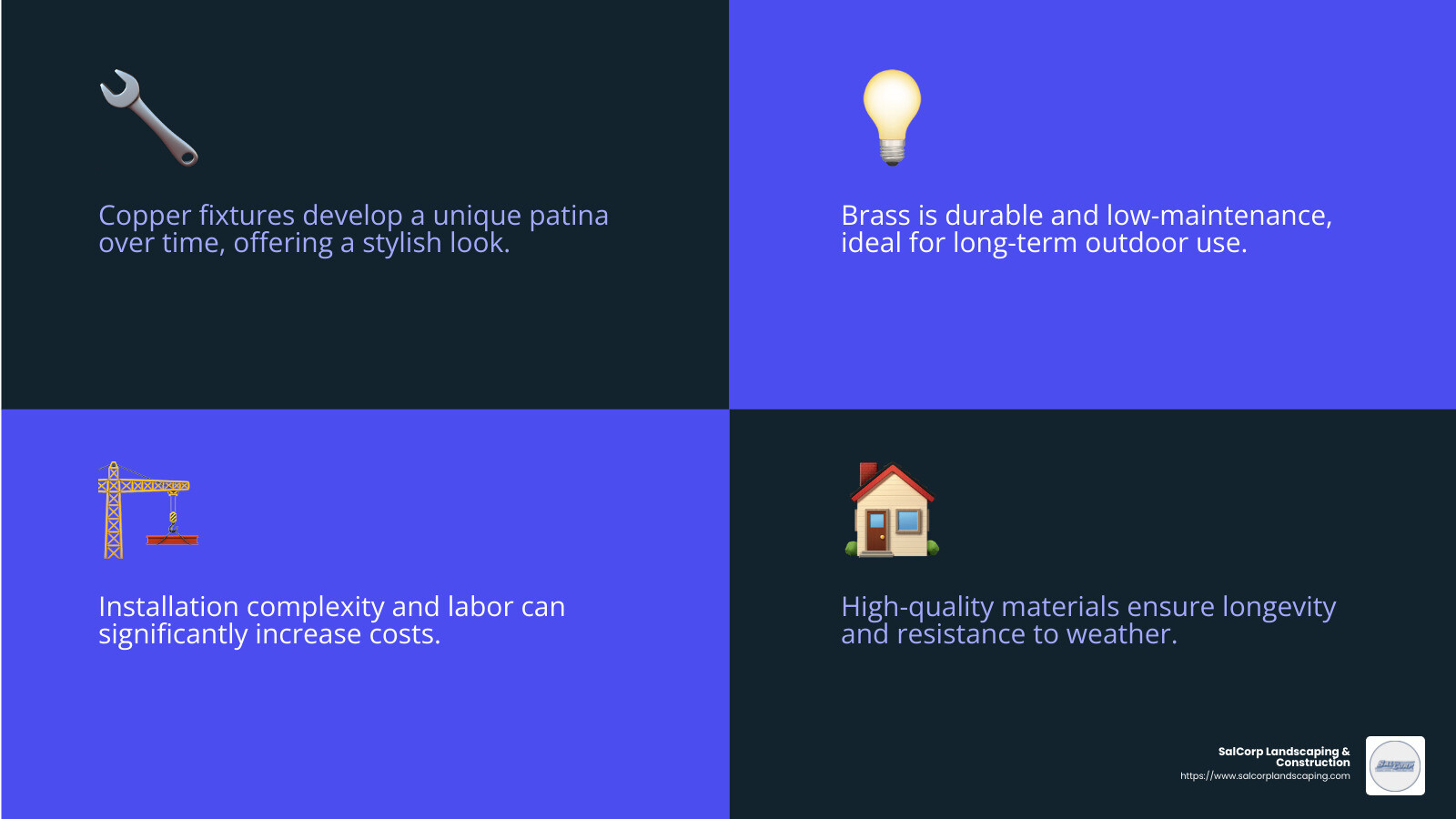 High-quality materials like copper and brass can significantly impact the cost of landscape lighting, but they offer durability and a premium look. - landscape lighting contractor near me infographic 4_facts_emoji_blue