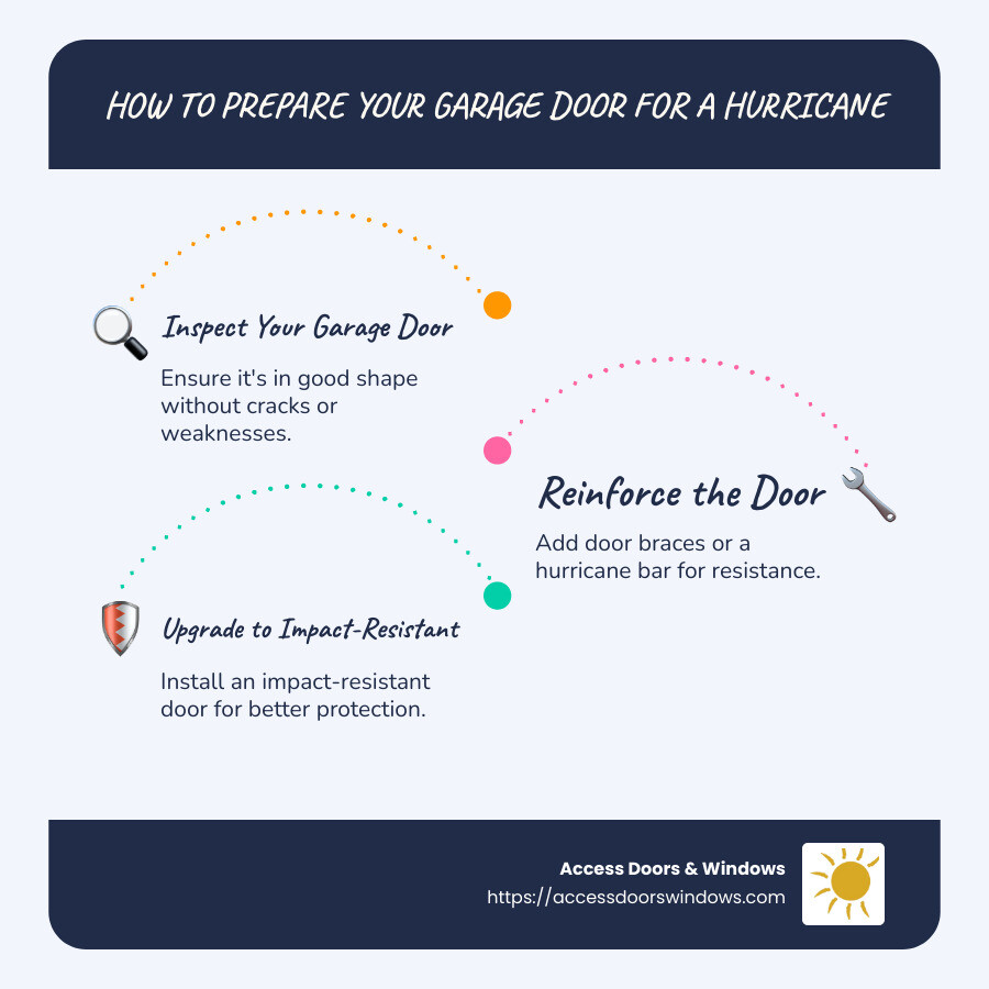 Graphic showing steps for preparing a garage door for a hurricane, including inspection, reinforcement, and impact-resistant upgrades - how to prepare garage door for hurricane infographic infographic-line-3-steps-blues-accent_colors
