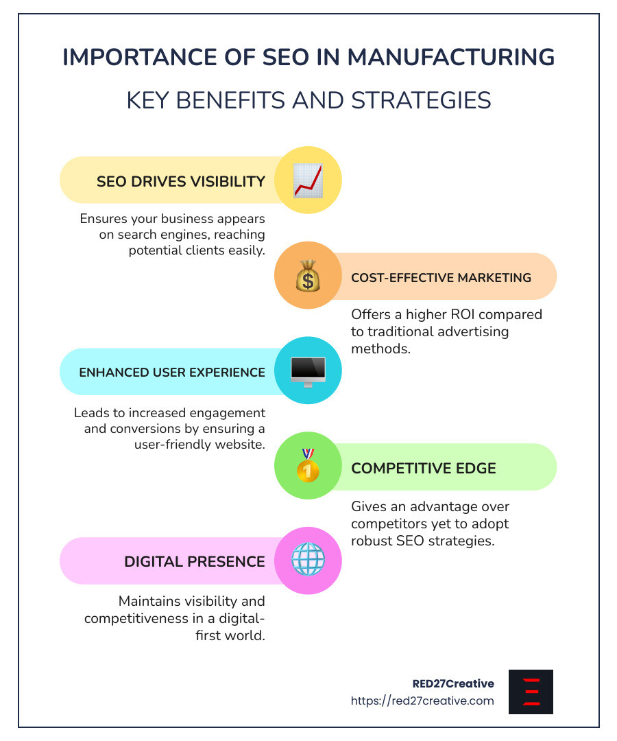 Manufacturing SEO Unlocked: Strategies for 2025 • manufacturer seo • RED27Creative Importance of SEO for Manufacturers - manufacturer seo infographic infographic-line-5-steps-colors