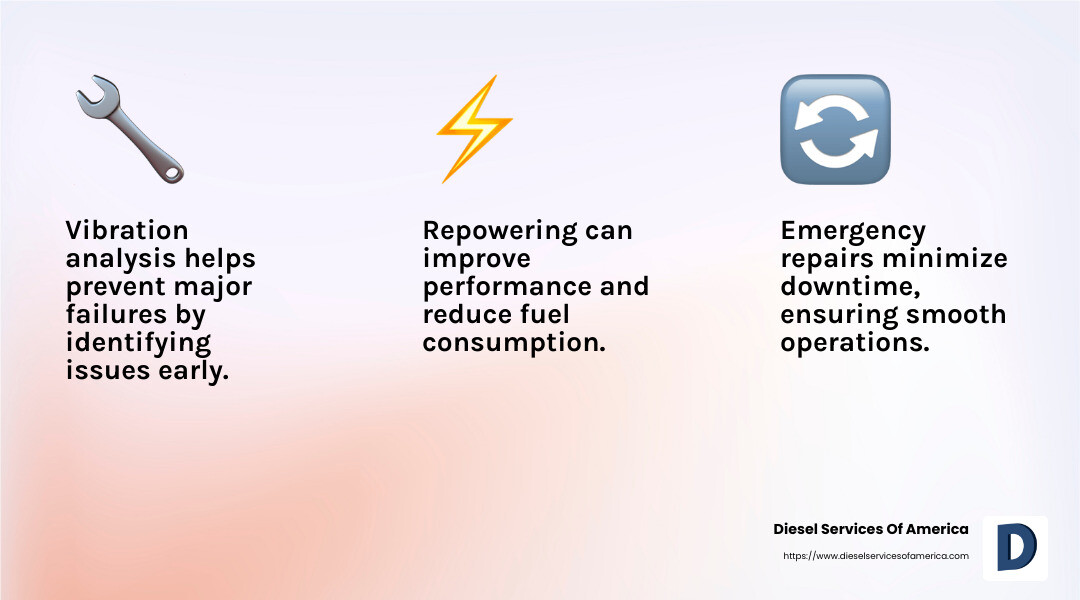 Regular maintenance and timely interventions are key to extending the lifespan and reliability of marine generators. - marine caterpillar generators repair infographic 3_facts_emoji_light-gradient