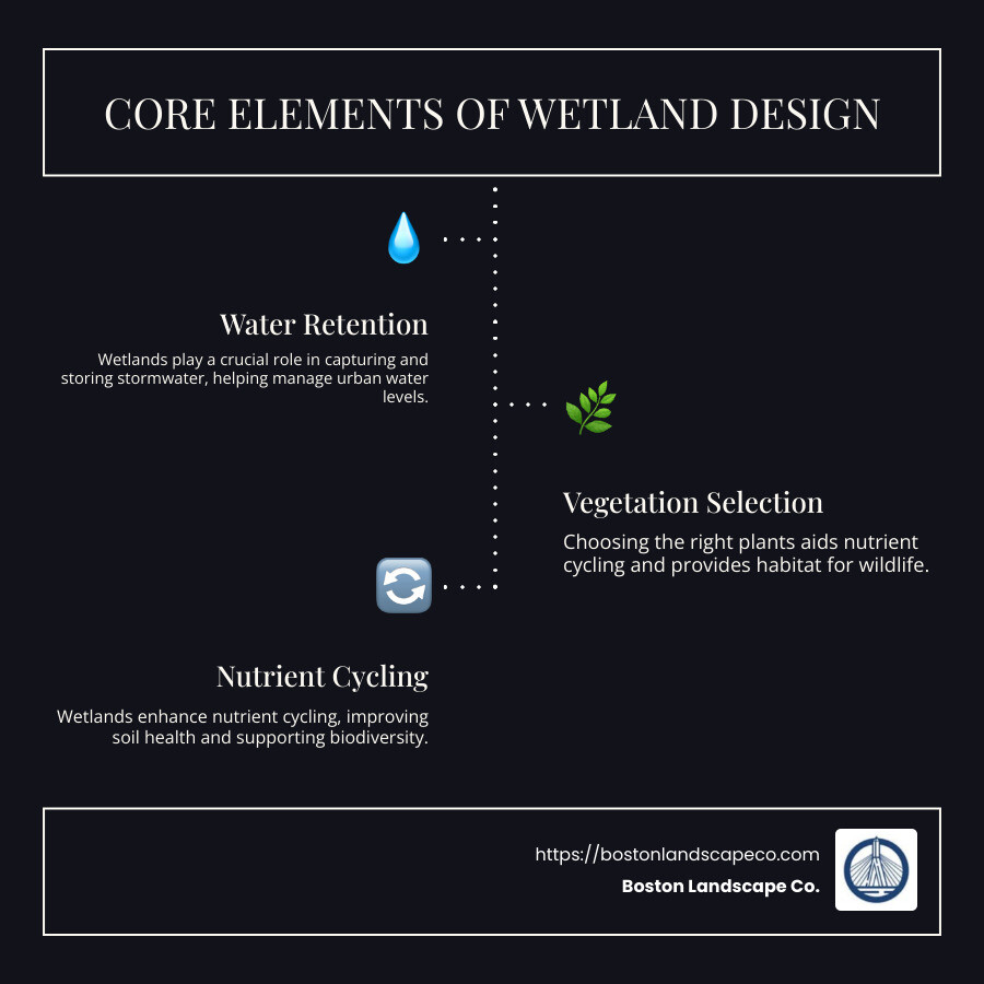 Infographic of Wetland Design Benefits and Elements - wetland design landscape architecture infographic infographic-line-3-steps-dark