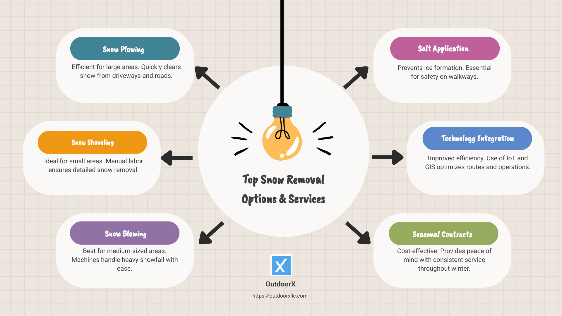Infographic detailing top snow removal options and services offered, including local and national providers, cost factors, and technological innovations - snow removal services infographic brainstorm-6-items