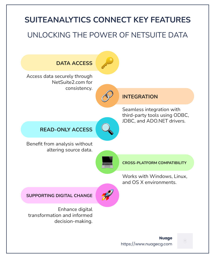 SuiteAnalytics Connect Features Infographic - suite analytics connect infographic infographic-line-5-steps-colors