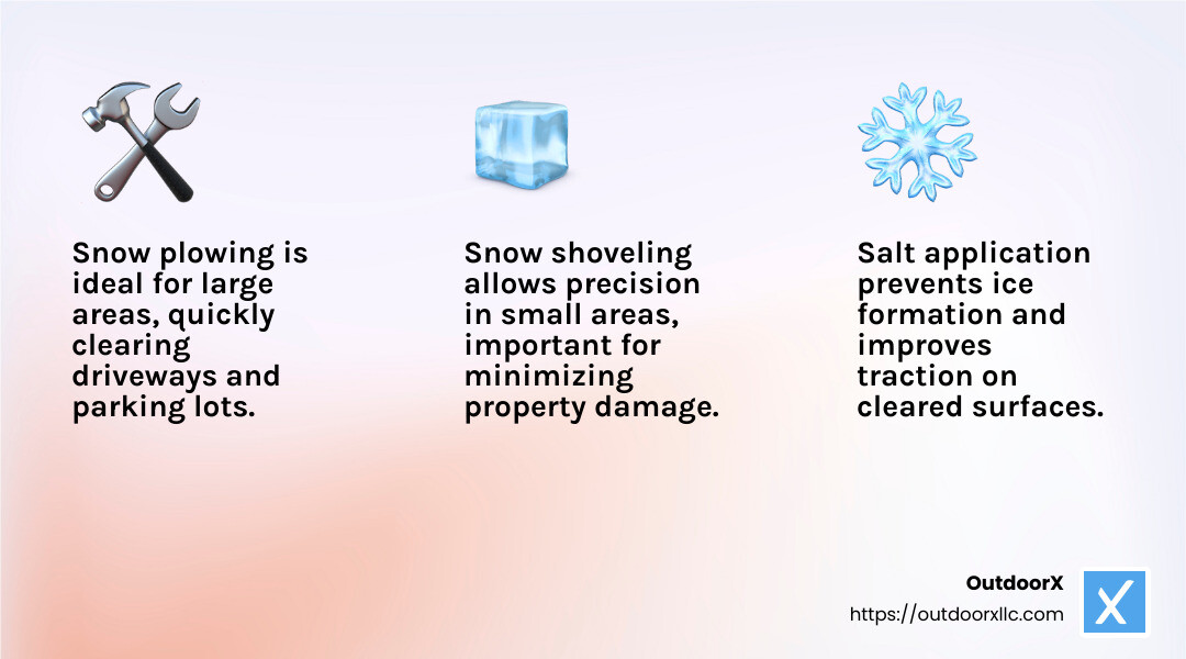 Salt application is essential for preventing ice formation on cleared surfaces. - snow removal services infographic 3_facts_emoji_light-gradient
