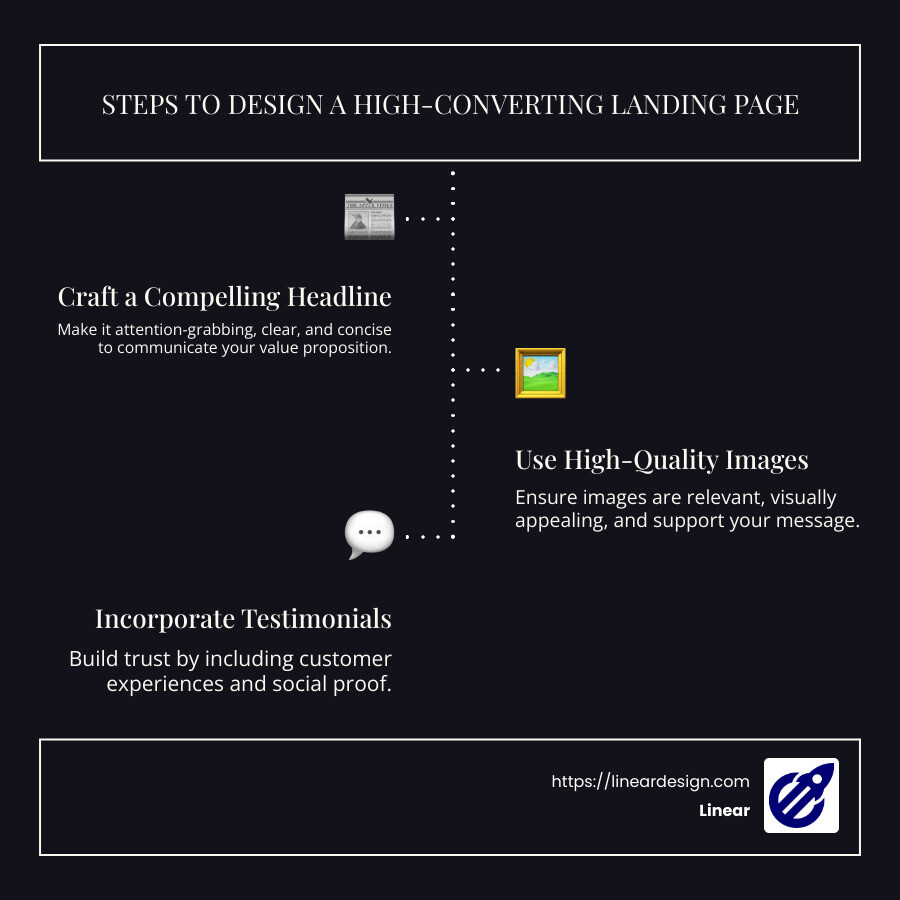 Steps to design a landing page that converts with focus on headlines, CTAs, imagery, and testimonials - how to design a landing page that converts infographic infographic-line-3-steps-dark