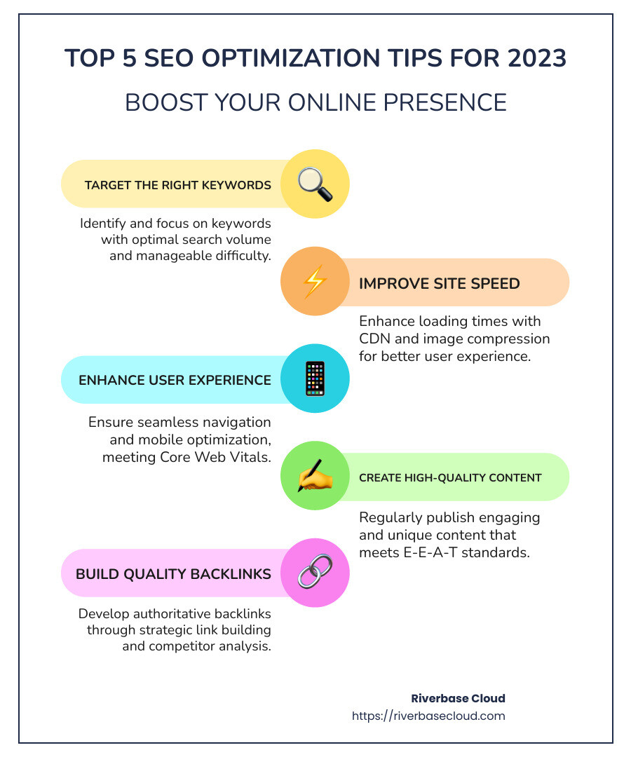 Infographic: Essential SEO Tips for 2023 - SEO optimization tips infographic infographic-line-5-steps-colors