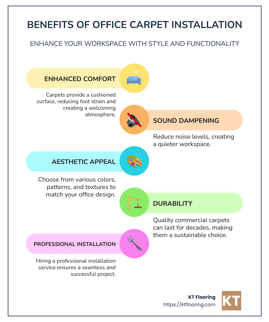 Benefits of Office Carpet Installation Infographic: Improved Comfort, Sound Dampening, Aesthetic Appeal, Durability - office carpet installation infographic infographic-line-5-steps-colors