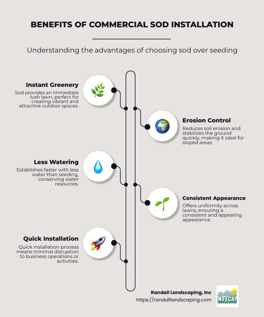 Detailed infographic on the benefits of sod over seed and installation process - commercial sod installation infographic infographic-line-5-steps-neat_beige