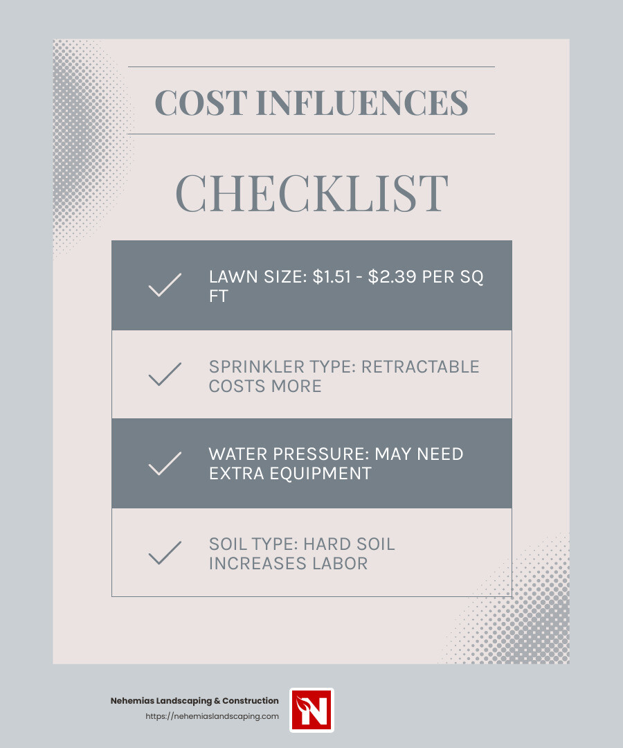 Factors Influencing Cost - irrigation system installation cost infographic checklist-light-blue-grey