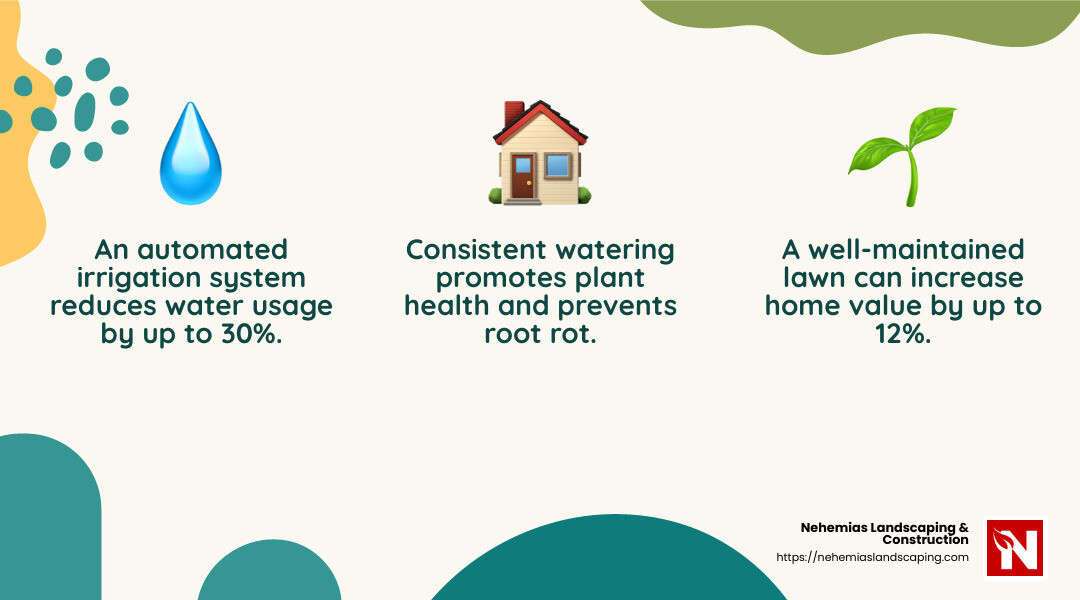 Up to 12% increase in home value with a well-maintained lawn - irrigation system installation cost infographic 3_facts_emoji_nature