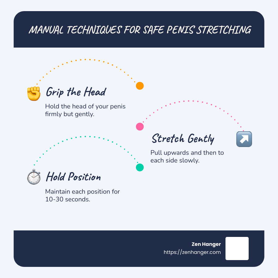 Infographic showing basic penis stretching techniques with clear step-by-step visuals - how to stretch ligaments in penis infographic infographic-line-3-steps-blues-accent_colors