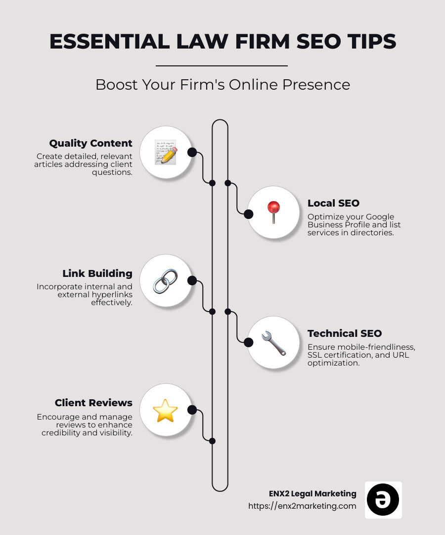 Infographic showing 5 essential law firm SEO tips: Quality Content, Local SEO, Link Building, Technical SEO, and Google Business Profile. - Law firm SEO tips infographic infographic-line-5-steps-neat_beige