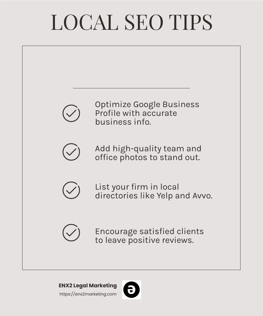 Optimized Google Business Profile increases visibility in local searches. - Law firm SEO tips infographic checklist-light-beige