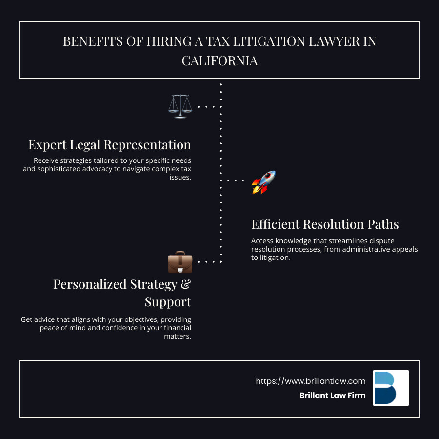 Overview of benefits of hiring a tax litigation lawyer in California, including expertise, dispute resolution processes, and personalized strategy - tax litigation lawyer California infographic infographic-line-3-steps-dark