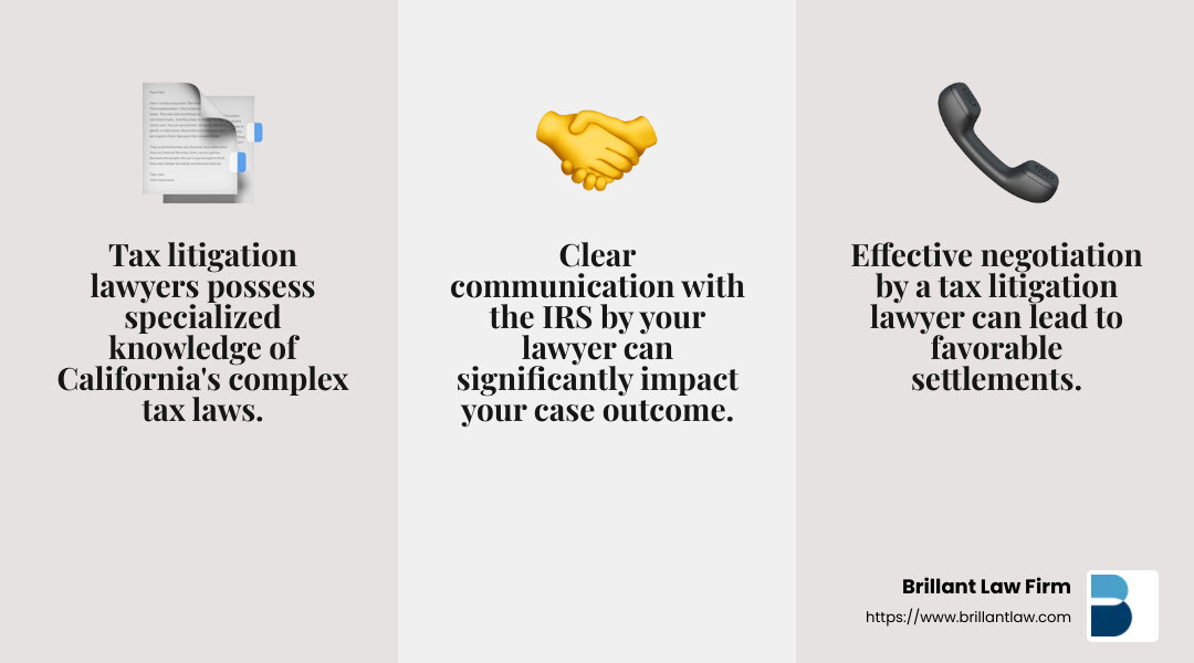 Hiring a tax litigation lawyer can lead to successful negotiations and resolutions. - tax litigation lawyer California infographic 3_facts_emoji_grey