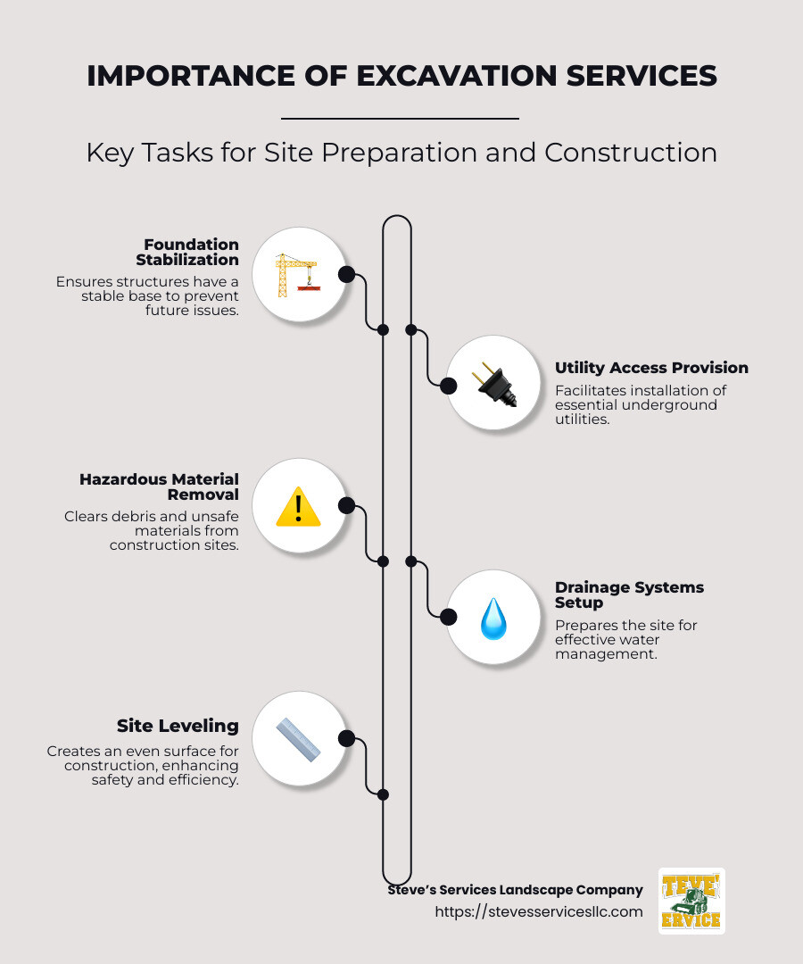 Infographic detailing the importance of excavation services in site preparation and construction, highlighting tasks such as foundation stabilization, utility access provision, hazardous material removal, and drainage systems setup - Excavation Services infographic infographic-line-5-steps-neat_beige
