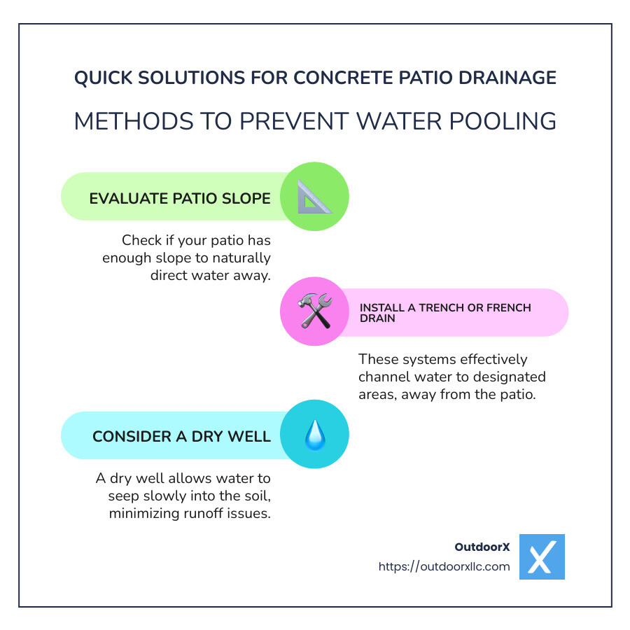 Effective drainage solutions infographic showing trench, French, and dry well methods - adding a drain to a concrete patio infographic infographic-line-3-steps-colors