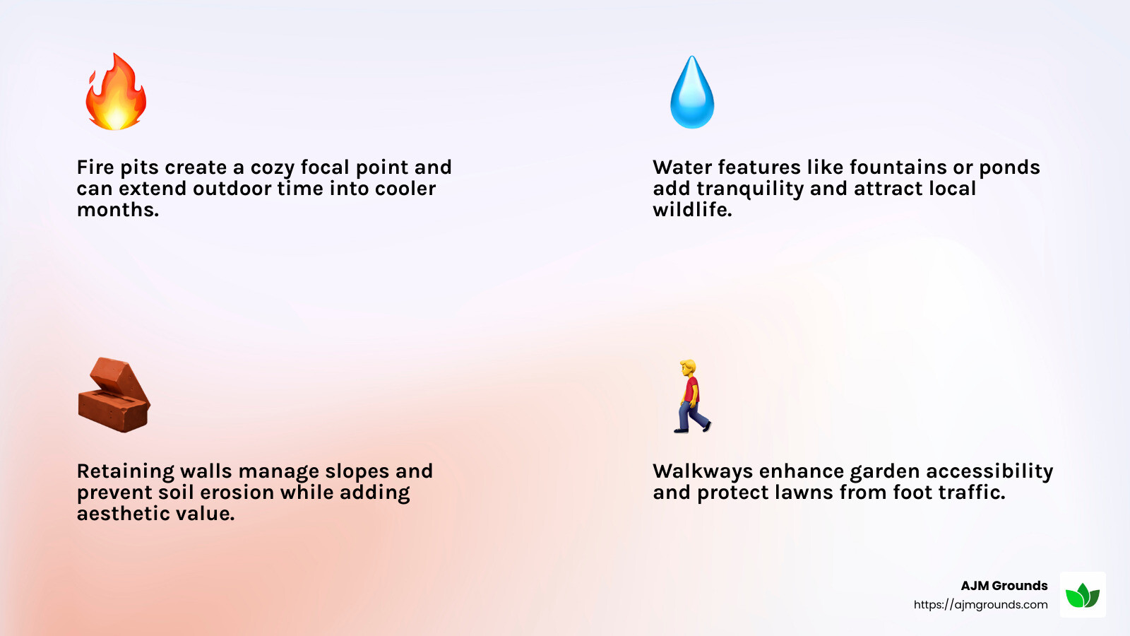 Fire pits provide warmth and a cozy ambiance, perfect for gatherings. - Landscape Installations Woburn MA infographic 4_facts_emoji_light-gradient