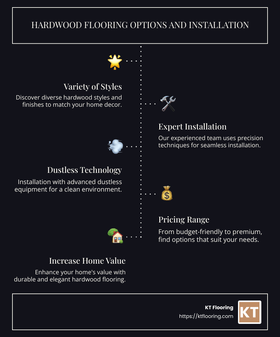 Infographic about hardwood flooring options, installation, and pricing in Bedford, NH, showing different types of wood, installation techniques, and a price range from low to high end - hardwood flooring bedford nh infographic infographic-line-5-steps-dark