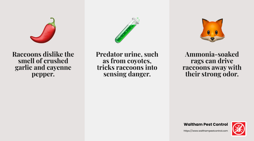 Raccoons hate strong smells like pepper, garlic, and ammonia. Use these to your advantage. - how to get rid of racoons infographic 3_facts_emoji_grey