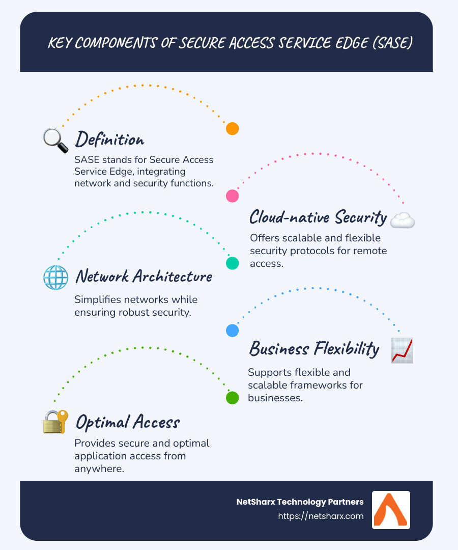 Infographic showcasing the SASE architecture integrating network and security functions into a cloud service, illustrating key components and benefits - secure access service edge market infographic infographic-line-5-steps-blues-accent_colors