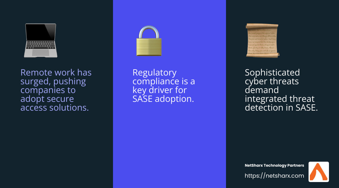 Cybersecurity threats are rising, prompting businesses to adopt SASE solutions. - secure access service edge market infographic 3_facts_emoji_blue